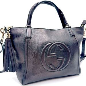 Auth Gucci Black / Brown Cherry Metallic Leather 2way SoHo Working Tote Satchel